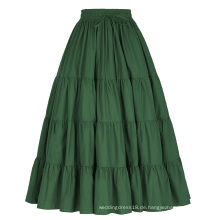 Belle Poque Frauen feste grüne Farbe breite Saum Baumwolle Maxi Rock lange Rock BP000207-3